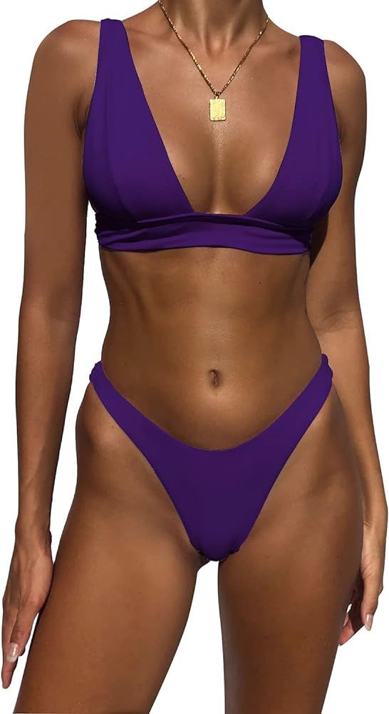 Jeniulet Women's Bikini Set Sexy Solid Padded Brazilian Triangle Thong Bikini Adjustable Strap Tw... | Amazon (US)