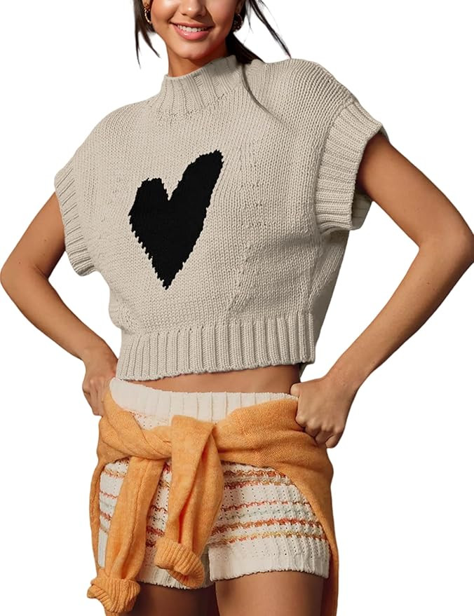 Women Cap Sleeve Sweater Vest Cute Heart Print Mock Neck Sweaters Knitted Pullover Tank Tops | Amazon (US)