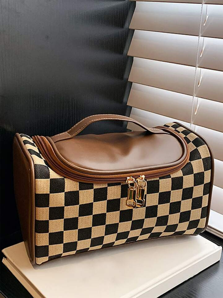 1Pc Brown Checkerboard Simple Fashion Large Capacity Travel Storage Portable Makeup Bag For Women... | SHEIN