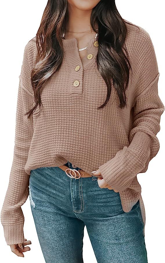 ZESICA Women's Waffle Knit V Neck Sweater Casual Long Sleeve Side Slit Button Henley Pullover Jum... | Amazon (US)