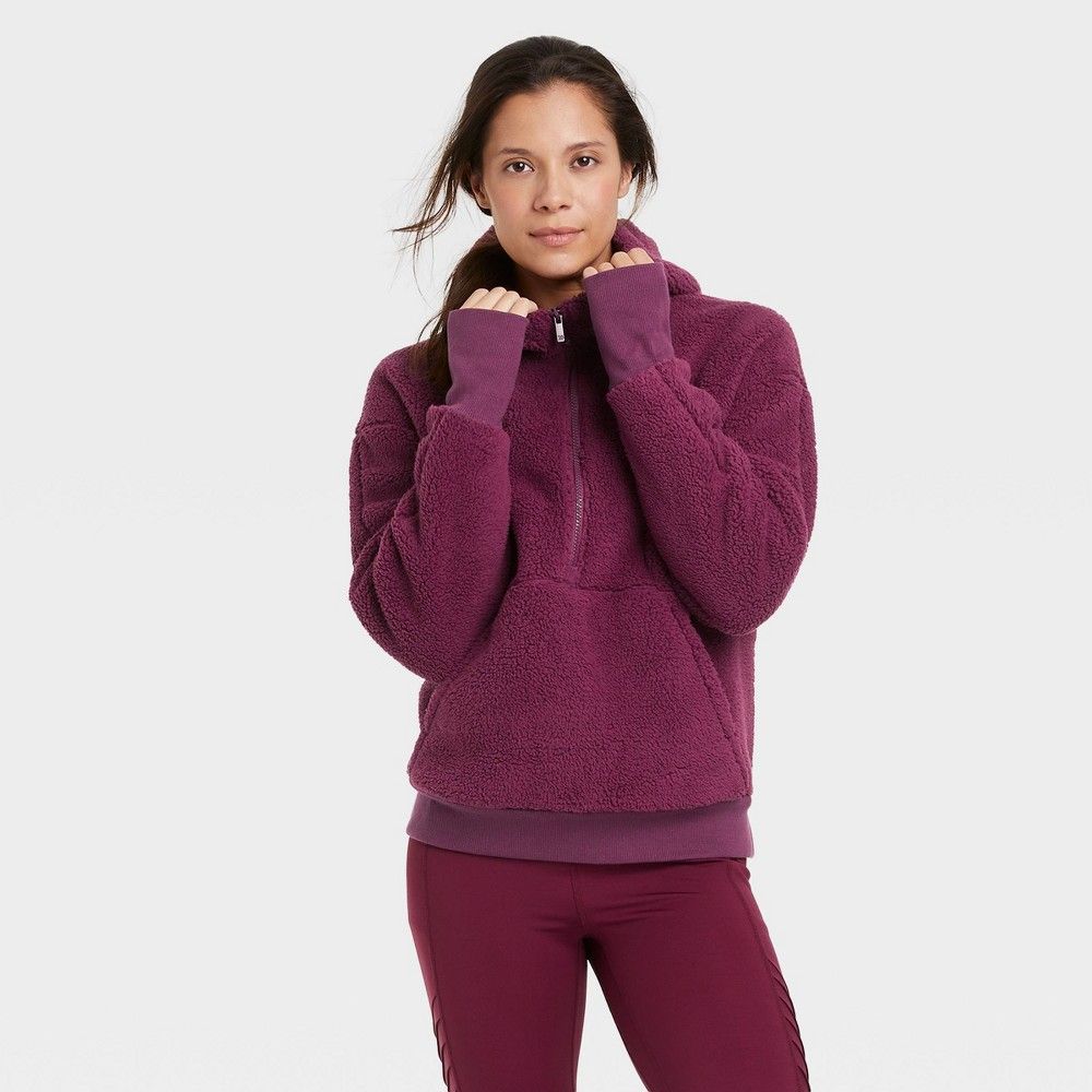 Women's Sherpa 1/2 Zip Hooded Pullover Sweatshirt - All in Motion Plum Purple S | Target
