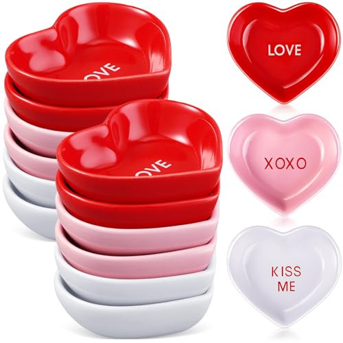Hushee 12 Pcs Valentine's Day Heart Shaped Bowl Ceramic Candy Dish Multipurpose Salad Appetizer Dipping Sauce Heart Plates for Anniversary Wedding Party(Love,Red, White, Pink) | Amazon (US)
