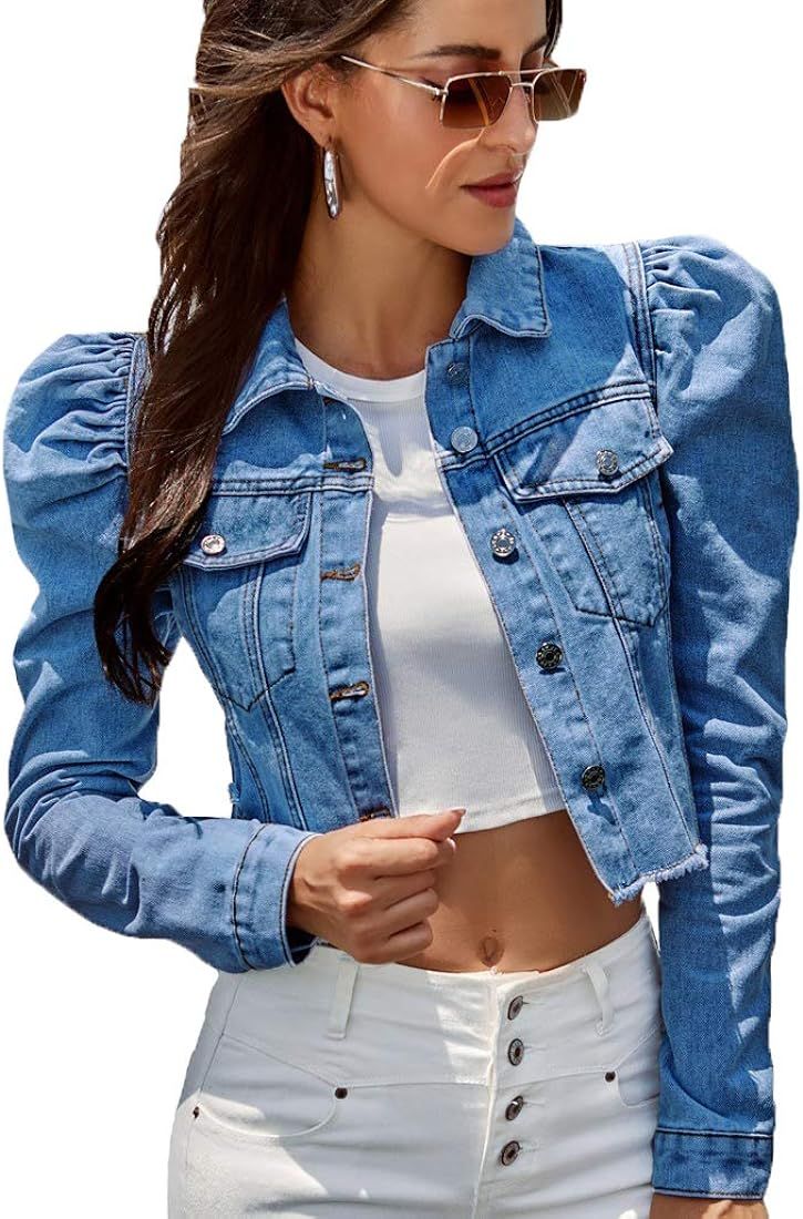 Nihsatin Women's Puff Sleeve Denim Jacket Pockets Front Button Down Crop Jean Coat | Amazon (US)