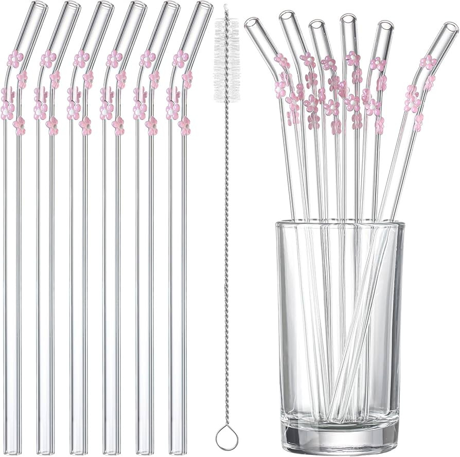 Honeydak 6 Pcs Pink Cherry Blossoms Glass Straws with Charms Cute Reusable Straws Glass with Brus... | Amazon (US)