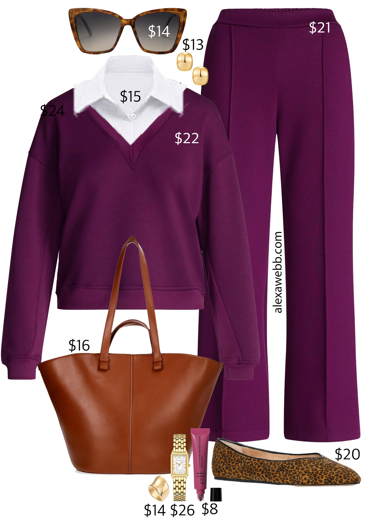 A plum wine athleisure set for my “plus size on a budget series!”  I styled this wine colored v-neck sweatshirt and seamed sweatpants made of scuba knit is by polishing it up a bit.

I layered a plus size white shirt under and added some leopard flats.  So smart, but comfortable!

Add a cognac tote– how great is this price?

Alexa Webb 

 #LTKOver40 #LTKMidsize #LTKPlusSize