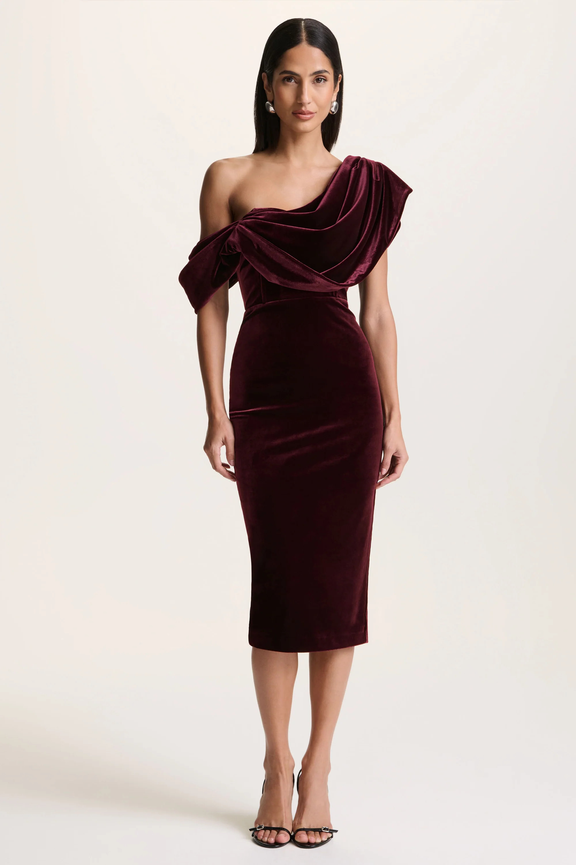 High End  Burgundy Velvet Asymmetric-Neck Midi Dress With Draped Detailing | Club L London