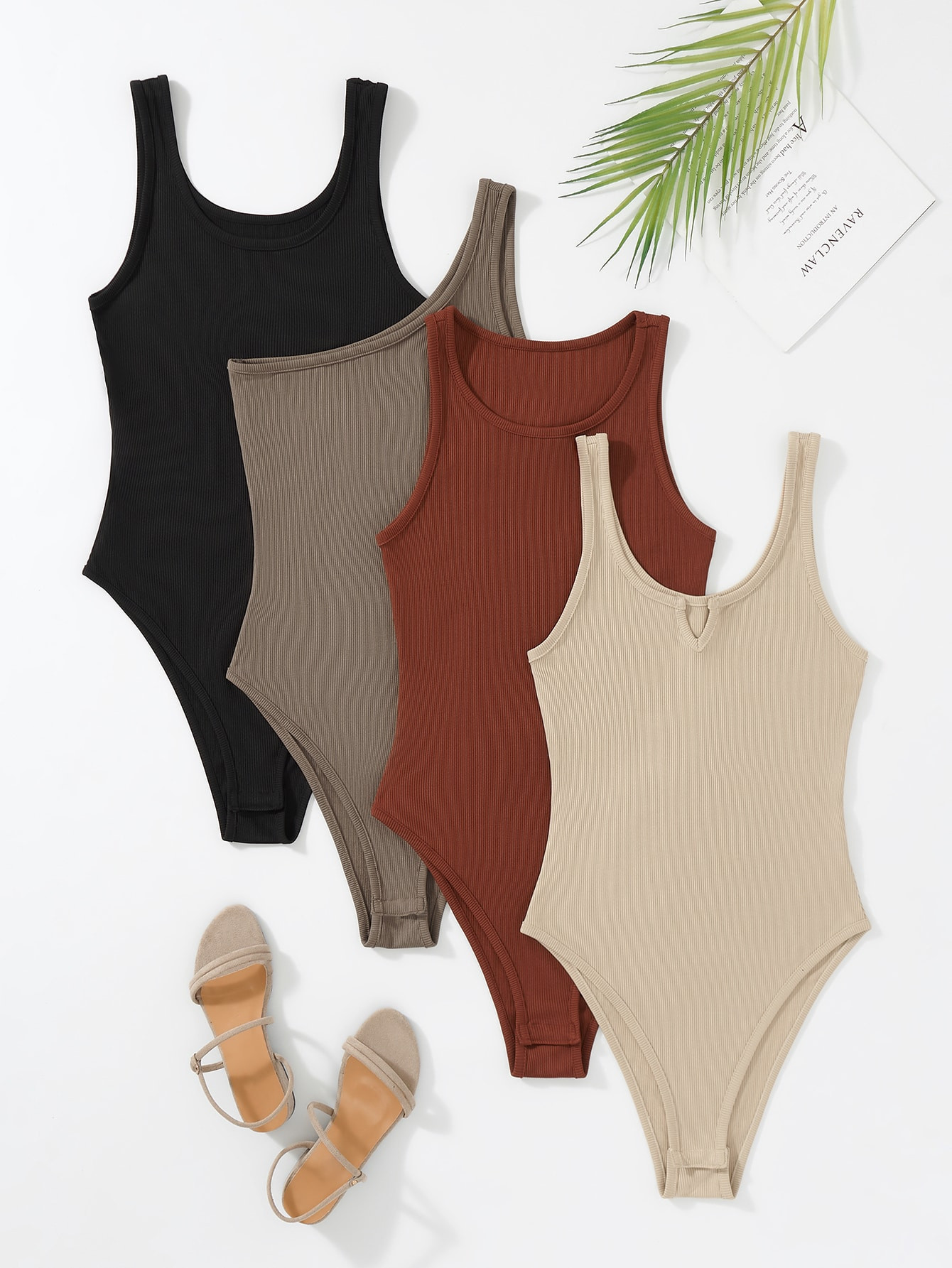 4pcs Solid Rib-knit Bodysuit | SHEIN
