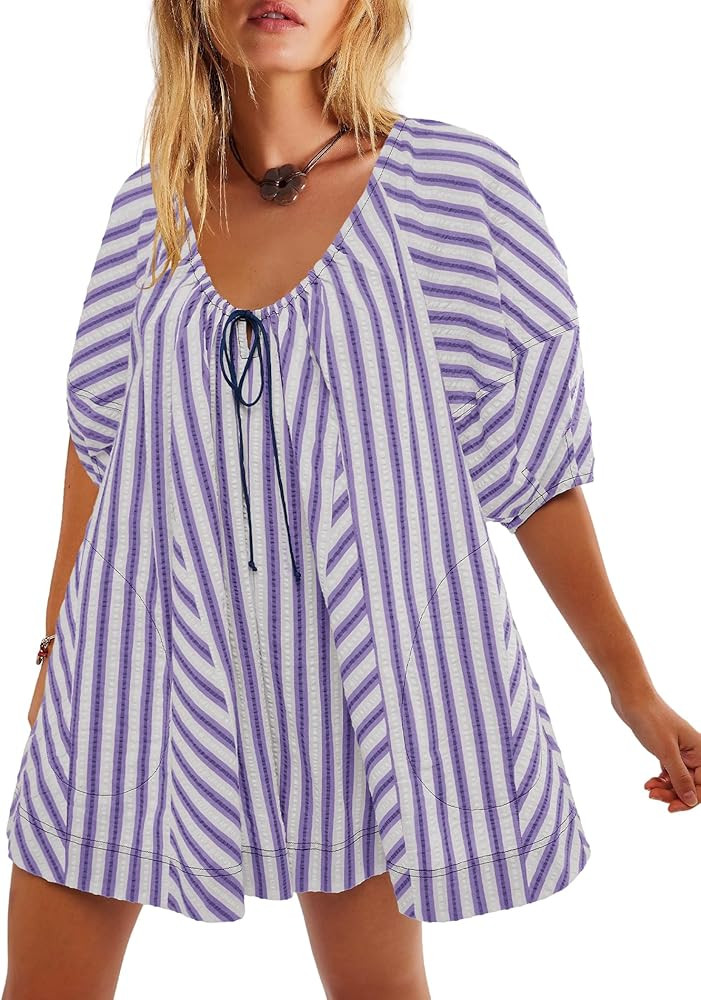 Yanekop Womens Romper Dress with Shorts Striped Romper Overall Oversized Short Jumpsuit V Neck Pu... | Amazon (US)