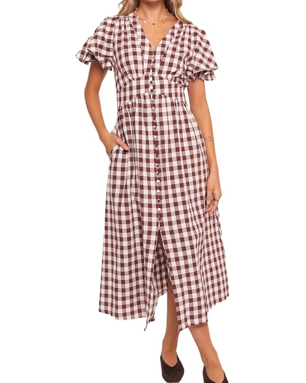 Women's Casual Short Sleeve Maxi Gingham Dress with Pockets | Amazon (US)