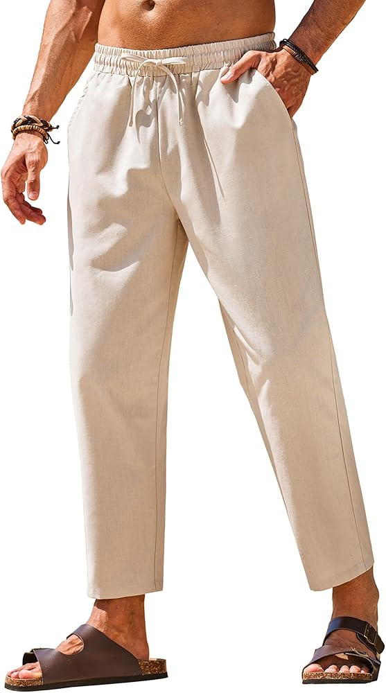 COOFANDY Mens Linen Casual Pants Elastic Waist Drawstring Trousers Yoga Beach Summer Pants | Amazon (US)