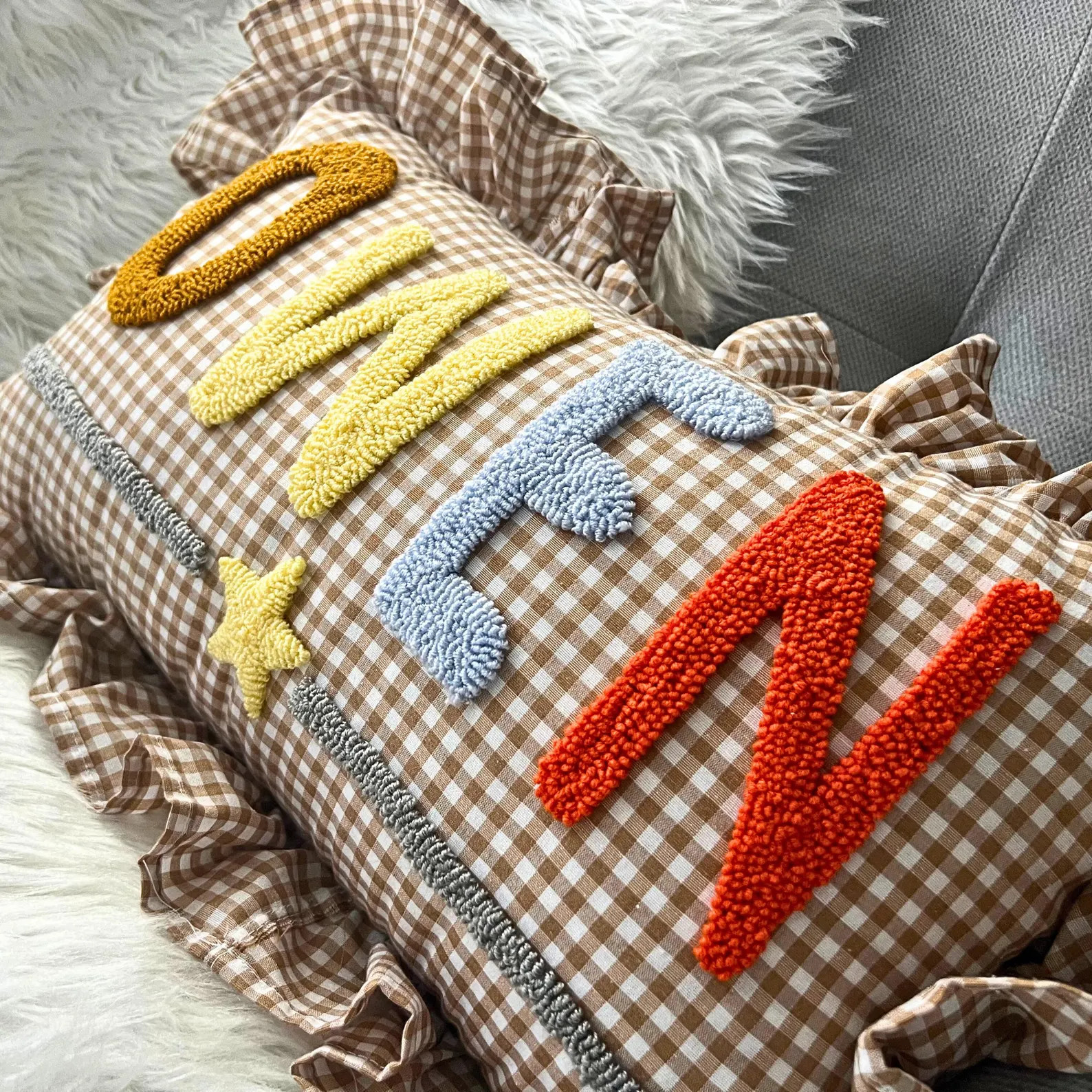 Custom Name Pillow for Boys, Brown Gingham Ruffle Pillow, Baby Boy Name Gift, Nursery Decor, Pers... | Etsy (US)