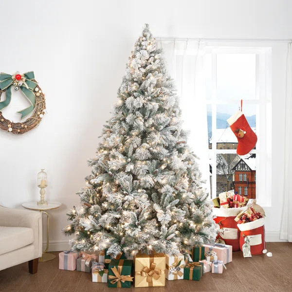 Traditional Snow Flocked Christmas Tree with Lights, Pine Christmas Tree Prelit with Metal Stand | Wayfair North America