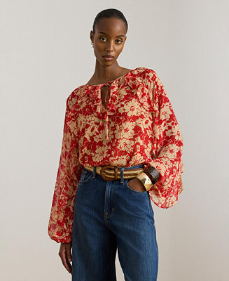 Lauren Ralph Lauren Women's Floral Ruffle Trim Split Neck Top - Macy's | Macy's