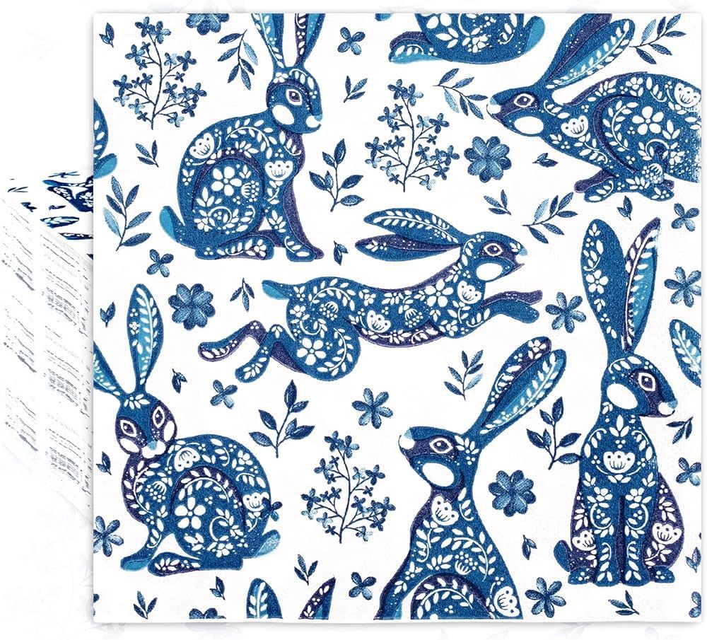 JarThenaAMCS 80 Pack Easter Paper Napkins Chinoiserie Bunny Disposable Napkins Blue Rabbit Decora... | Amazon (US)