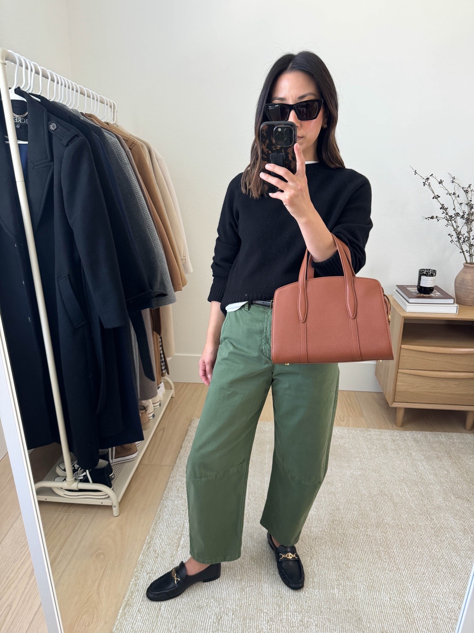 I love green pants, but I'm very particular. These are a slight barrel and I'm obsessed! They work on petites without cutting hems. 

Everlane cashmere sweater xs
Everlane box cut tee medium
Velvet pants 2
Sam Edelman loafers 5
Parisa Wang bag (can't be linked in ltk)
YSL Sunglasses

Fall outfits, fall style, petite style 

#LTKItBag #LTKStyleTip #LTKPetite