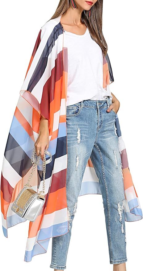 Hibluco Women's Long Floral Kimono Printed Cardigan Sheer Swimsuit Cover Ups | Amazon (US)