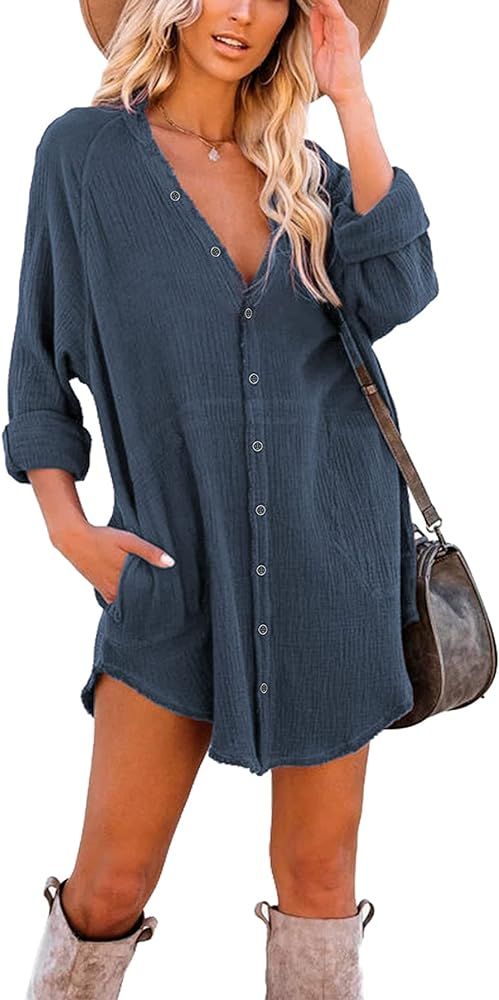 Amazon.com: iGENJUN Women's Long Sleeve Button Down Tunic Dresses with Pockets,M,Blue : Clothing,... | Amazon (US)