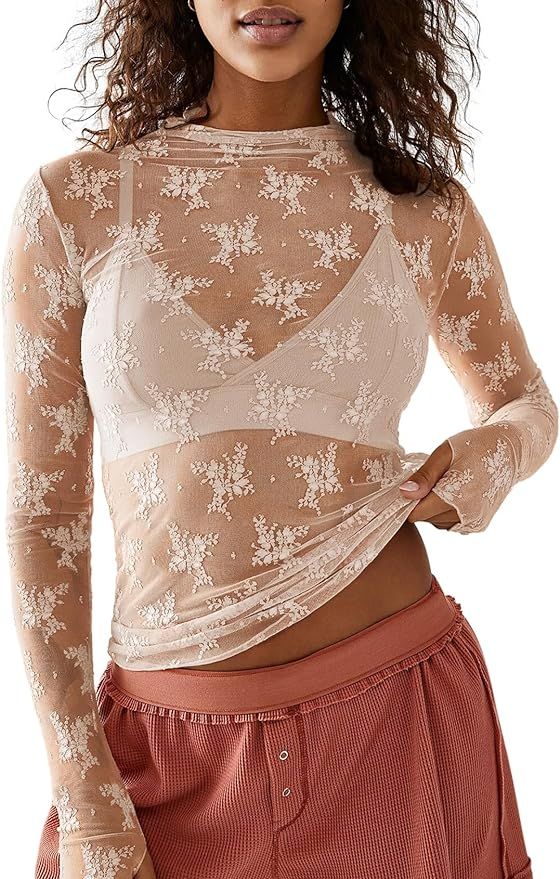 Wyeysyt Women's Mesh Tops Sexy Long Sleeve Mock Neck Sheer Blouse Lace Floral See Through Layerin... | Amazon (US)