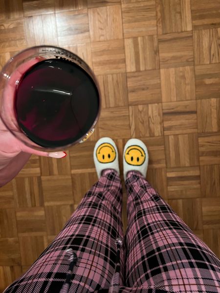 New pink plaid pj pants and smiley face slippers with wine - cozy night in - pajama pants - Amazon Fashion - Amazon Finds 

#LTKshoecrush #LTKunder50 #LTKhome