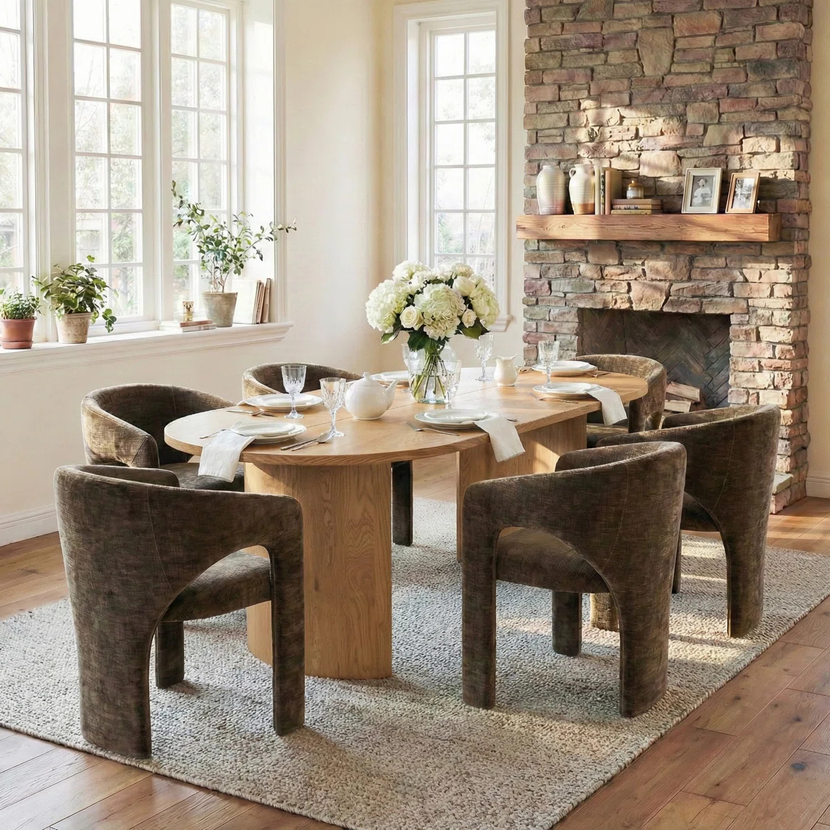 7 Piece Modern Dining Set With 79" Oak Oval Pedestal Table & 6 Sculptural Wide-Seat Arm Chairs | Wayfair North America