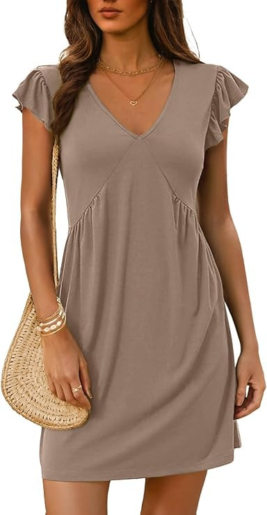 Dokotoo Women's Summer Dresses 2025 Beach Casual Deep V Neck Loose Sundress Ruffle Sleeve Mini Dr... | Amazon (US)