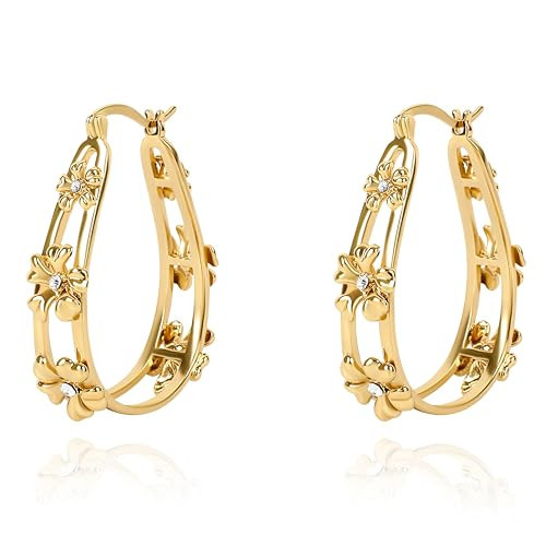 Gold Flower Hoop Earrings for Women 14K Gold Plated Flower Hollow Chunky Hoop Earrings Dangle Floral Statement Earrings Blossom Oval Wide Hoop Earrings Trendy Party Fashion Jewelry Gift for Her | Amazon (US)