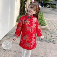 Chinese Red Kid's Qipao Dress, New Year Celebration, Girl Tang Suit Fall, Long Sleeves To Knee, Vintage Costume, 90-140cm High Fits | Etsy (US)