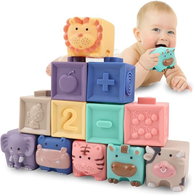 Baby Blocks 12 Pcs-Baby Toys for Toddler Baby Girl Boy 0-3-6-9-7-8-12-18 Months-Soft Stacking Bui... | Amazon (US)