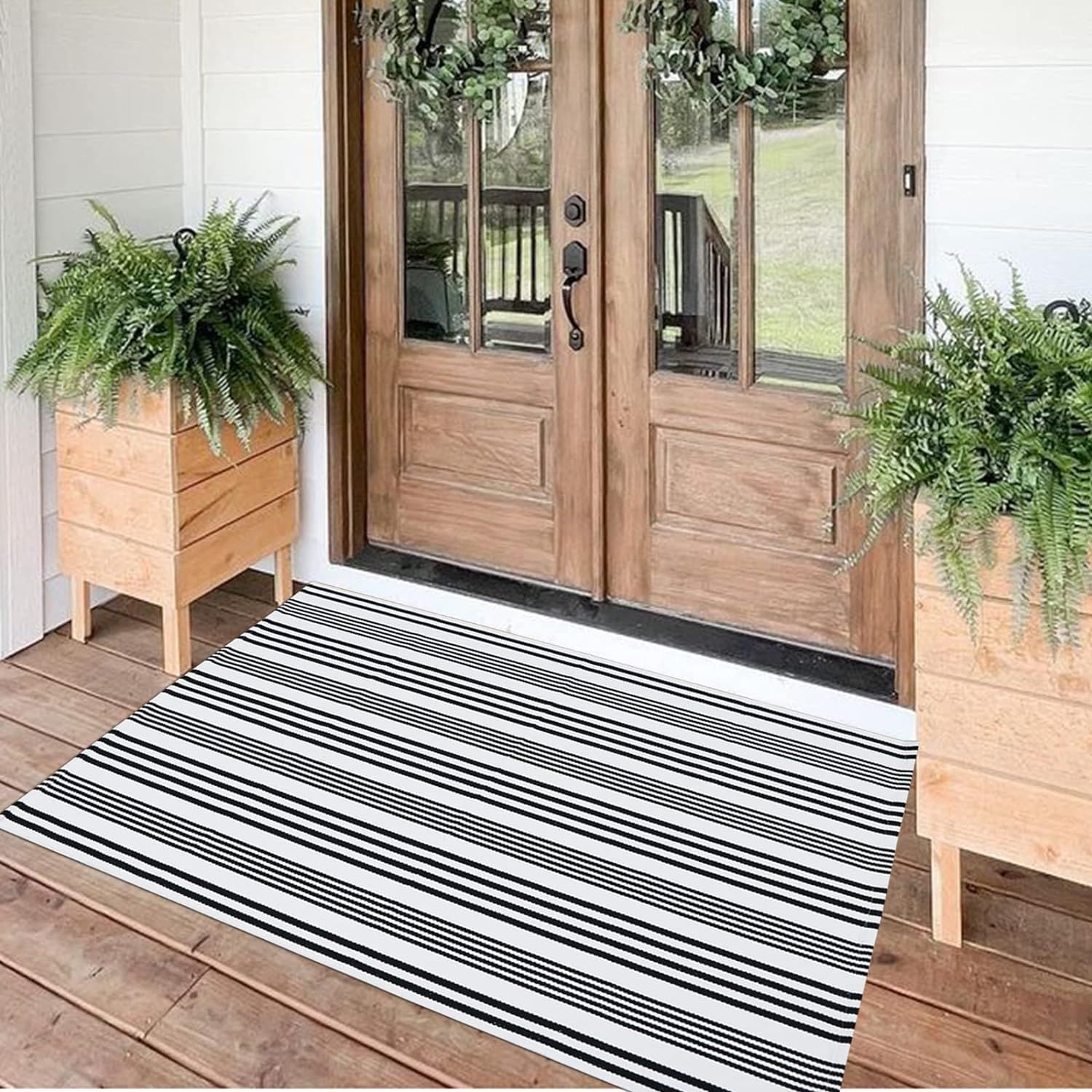 Black and White Striped Outdoor Rug Front Porch Rug 35.4''x59'' Cotton Hand-Woven Welcome Mats La... | Amazon (US)