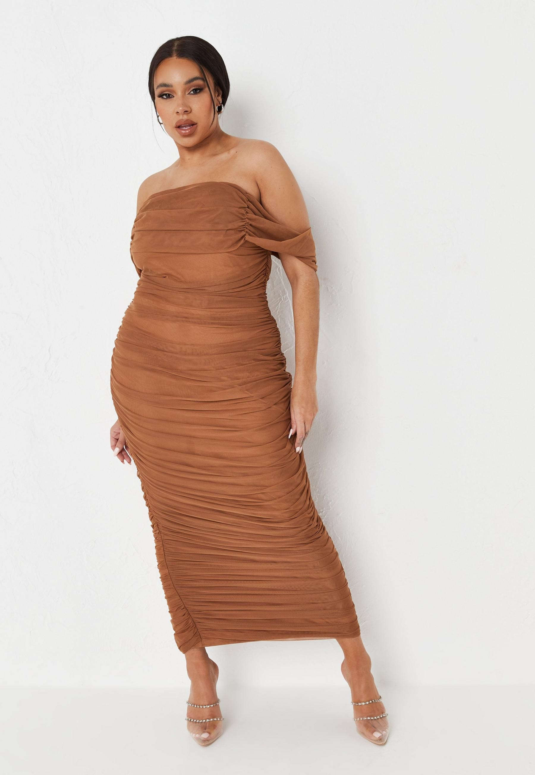 Missguided - Plus Size Mocha Mesh Ruched Bardot Midi Dress | Missguided (US & CA)