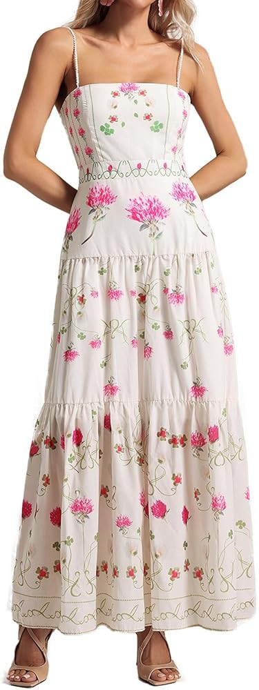 Beige Floral Fitted Slip Maxi Flowy Ruffle Dress for Women | Amazon (US)