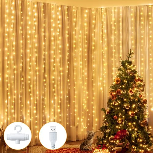 Ollny Silver Copper Wire Fairy Lights Curtain 200 LED 6.6x6.6ft, USB Warm White Curtain Lights with Hook, Waterproof Window Light for Bedroom Backdrop Wall Outdoor Indoor Decorations | Amazon (US)