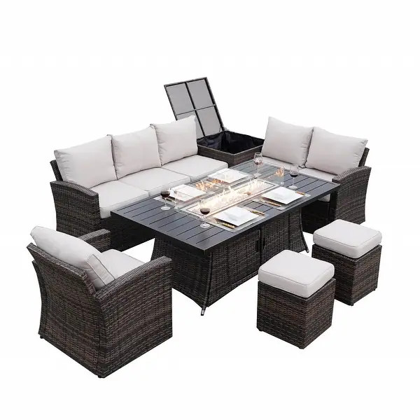 7-Piece Outdoor Sofa with Aluminium table top Fire Pit Set - Brown | Bed Bath & Beyond