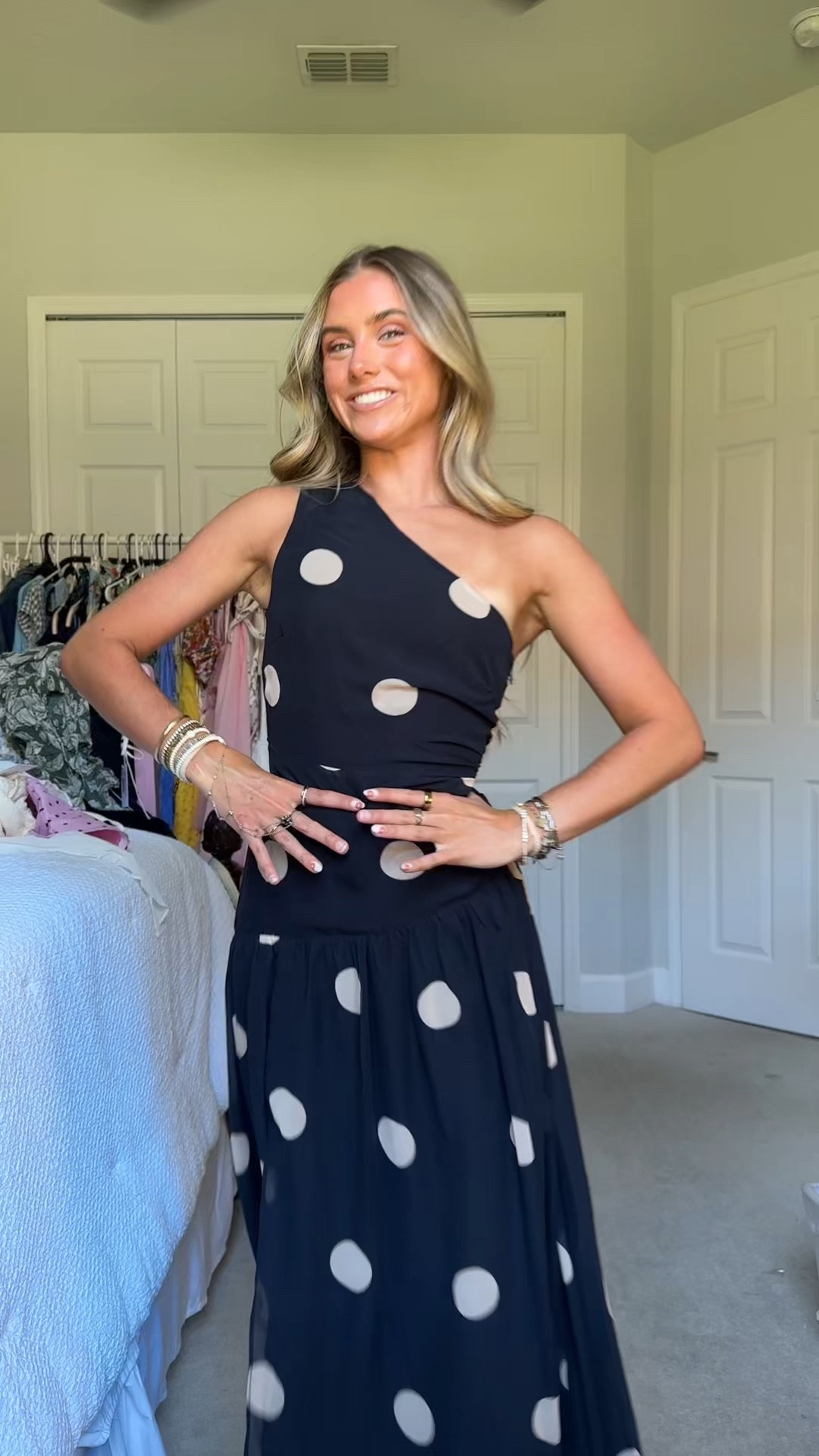 Showpo size 2 maxi dress. Featuring a striking one-shoulder neckline and chic black polkadot detailing, this piece brings runway-inspired style straight to your wardrobe. Designed with street-style trends in mind, it blends sophistication and flirty flair flawlessly, ideal for weddings, cocktail parties, or any event where you want to turn heads.
Elevate your evening look by pairing the Darlynne Midi Dress with strappy stilettos and gold statement jewelry. Or, for a chic daytime vibe that's worthy of your favorite fashion feeds, layer it with an oversized blazer and sleek ankle boots. Effortlessly stylish every time you step out!

#LTKWedding #LTKFindsUnder100 #LTKSeasonal