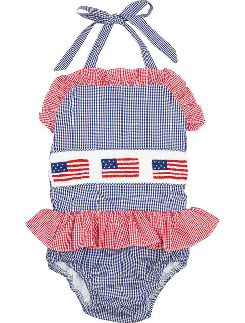 Navy And Red Gingham Smocked Flags Swimsuit | Cecil and Lou