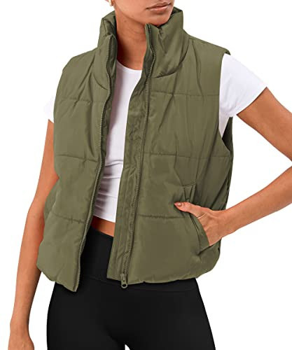 AUTOMET Puffer Vest Women Sleeveless Winter Cropped Outerwear Warm Puffy Lightweight Stand-up Collar Down with Pockets Army Green S | Amazon (US)