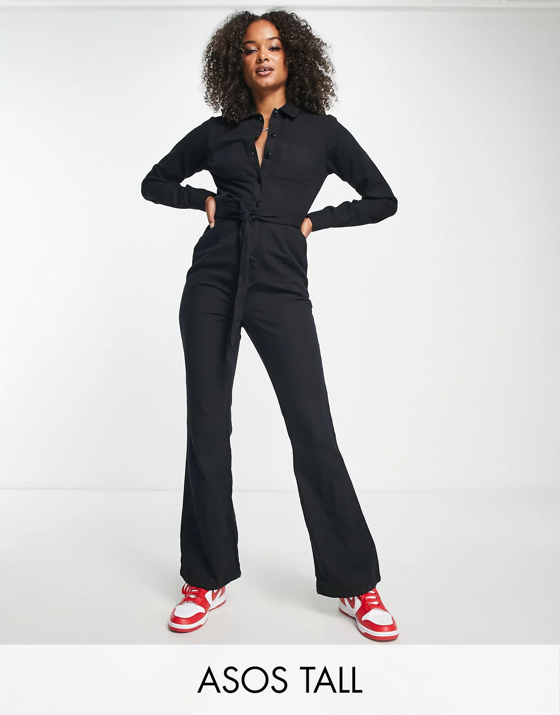 ASOS DESIGN Tall long sleeve twill boilersuit with collar in black | ASOS (Global)