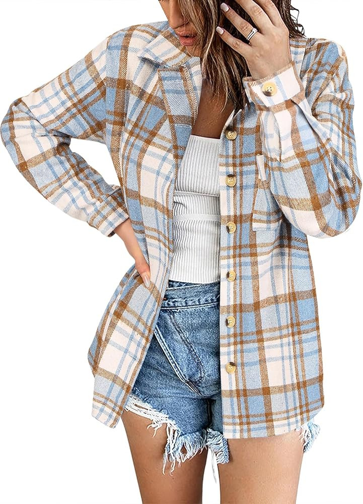 Zeagoo Women Flannel Shacket Jacket Plaid Button Down Long Sleeve Shirt Fall Outfits 2024 | Amazon (US)