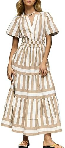Womens Summer Causal Maxi Dress Short Sleeve V Neck Elastic Waist A Line Boho Flowy Long Dresses ... | Amazon (US)