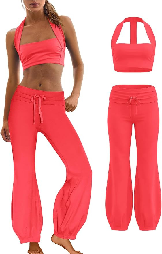 Panadila Women 2 Piece Yoga Sets Pilates Outfit Halter Sports Bra Fold Over Flare Leggings Matchi... | Amazon (US)