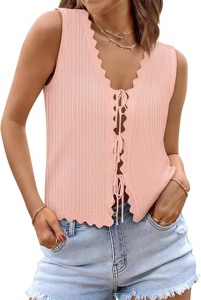 Womens Tie Front Tops Trendy 2025 Summer V Neck Sleeveless Sweater Vests Fashion Cute Crochet Kni... | Amazon (US)