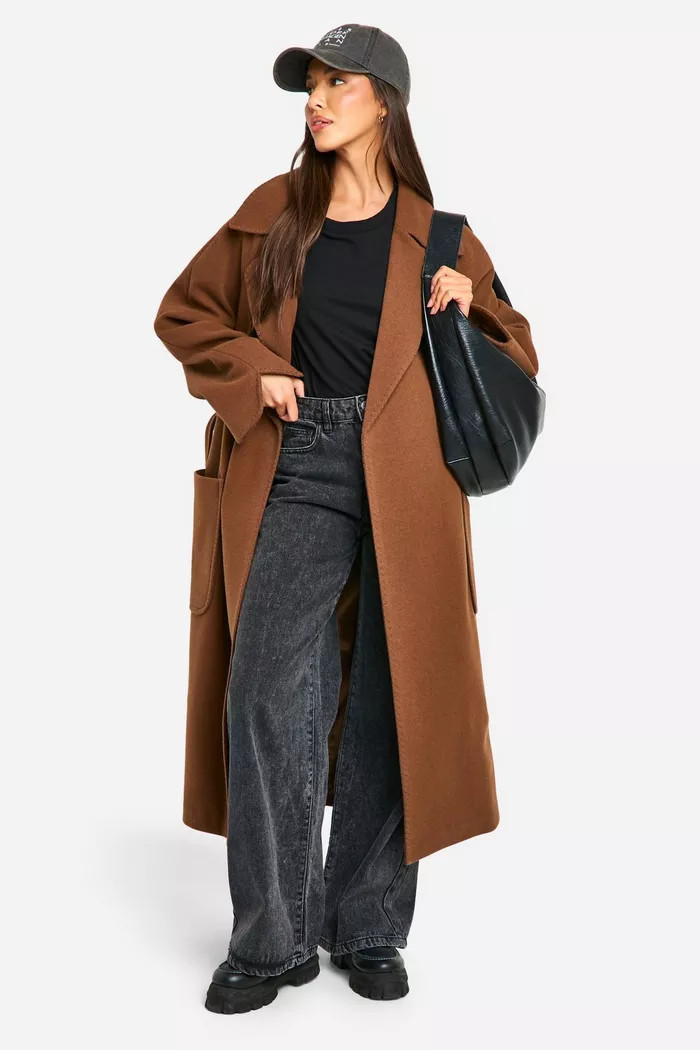 Stitch Detail Belted Wool Look Coat | boohoo (US & Canada)