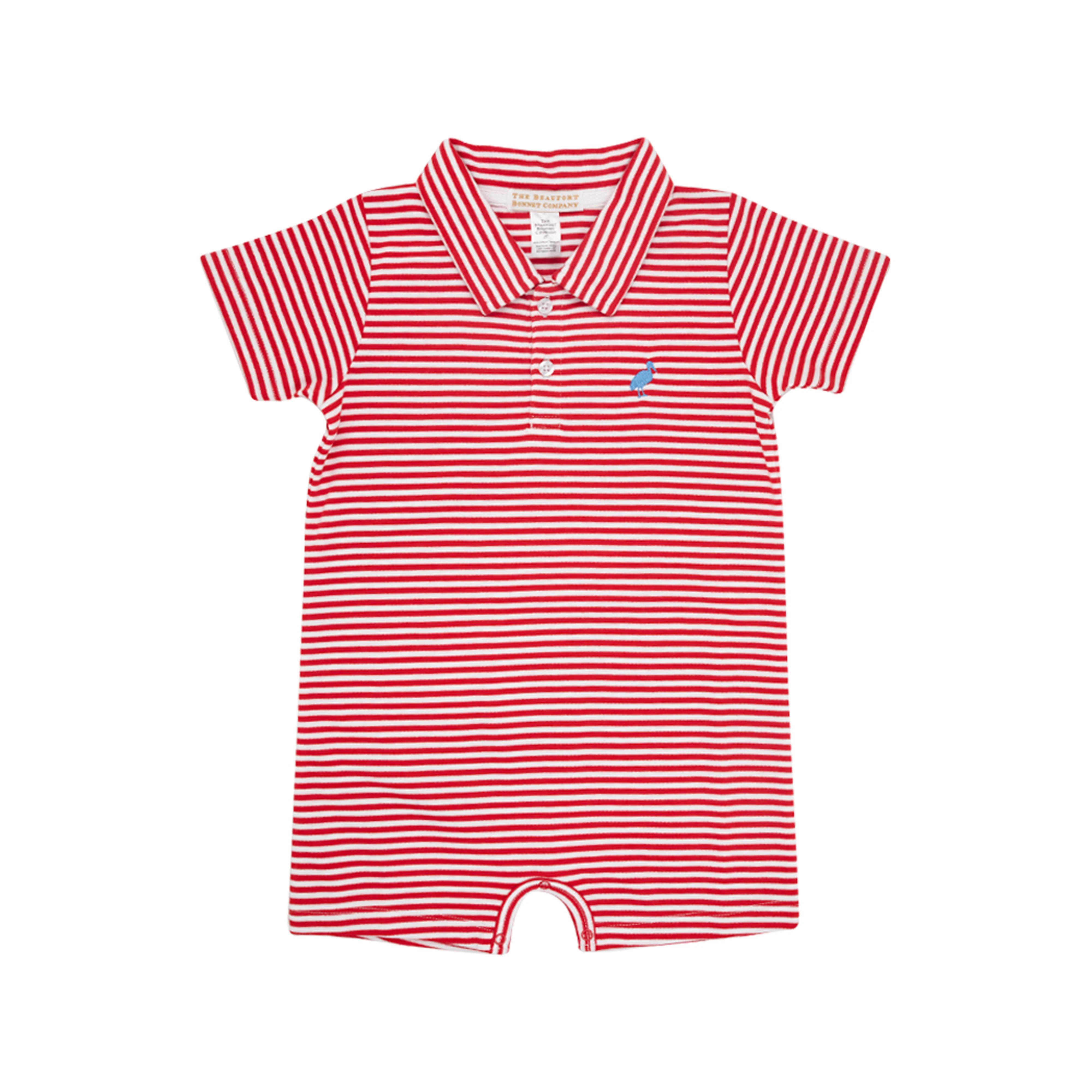 Sir Proper's Romper - Richmond Red Stripe with Barbados Blue Stork | The Beaufort Bonnet Company