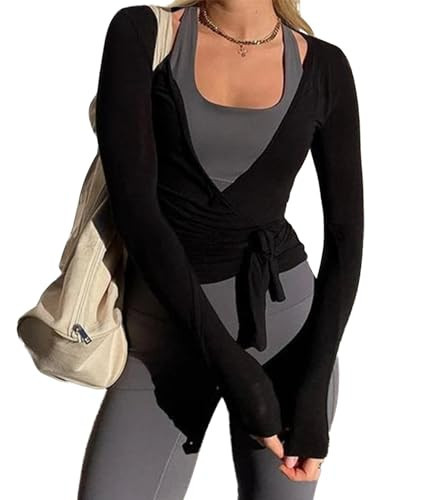 Women Y2k Cross Tie Wrap Tops Coquette Long Sleeve Deep V Neck Slim Fit T-Shirts Yoga Workout Pilates Ballet Blouse (Black,Small) | Amazon (US)