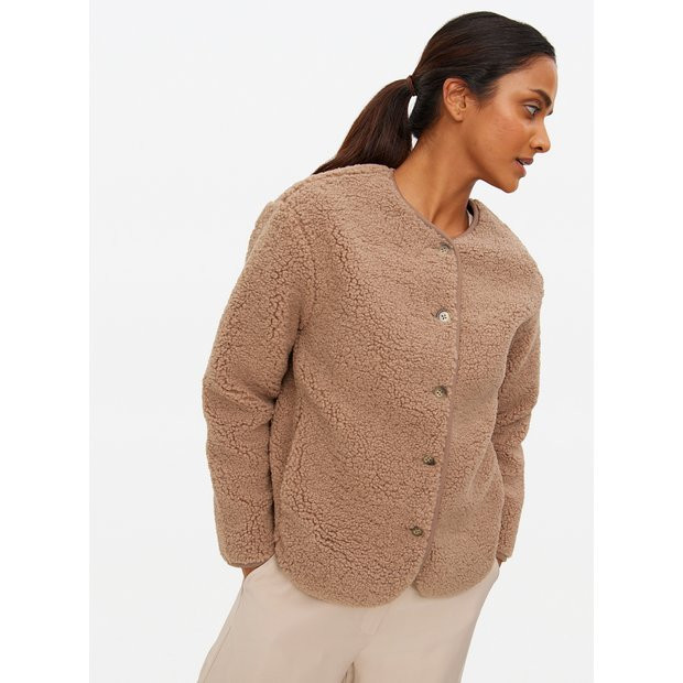 Taupe Collarless Borg Fleece Jacket S | Tu Clothing