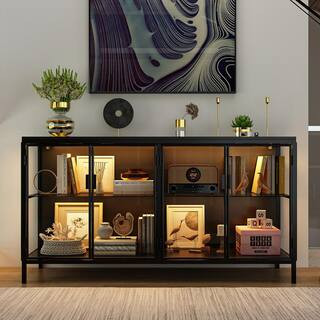 Black Wood 55.1 in. W Glass Door Display Cabinets Sideboard With Lights | The Home Depot