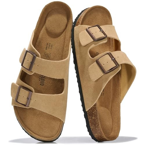 Project Cloud 100% Genuine Leather Mens Sandals - Memory Foam Insole & Cork Footbed Slides for Men Footwear - Non-Slip Summer Sandals for Men & Lightweight Mens Slides (Heritage, APRISUEDE,7.5) | Amazon (US)