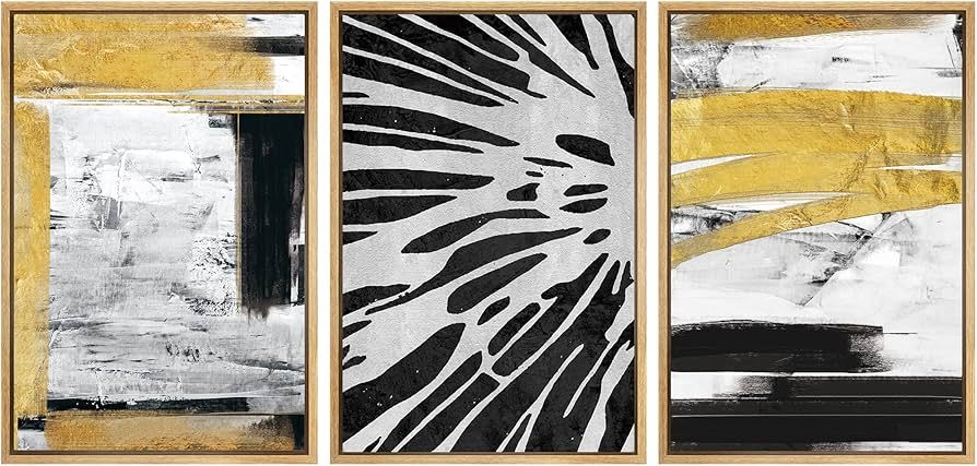 SIGNWIN Framed Wall Art Print Set Black & Gold Paint Strokes with Tropical Flower Abstract Shapes... | Amazon (US)