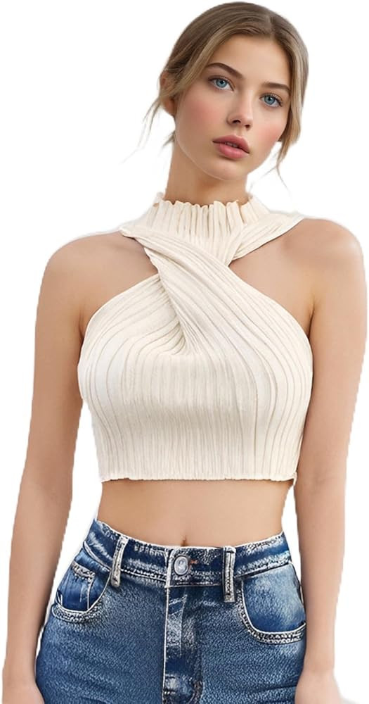 SweatyRocks Women's Sleeveless Halter Twist Front Crop Top Slim Fit Ribbed Knit Vest Tank Tops | Amazon (US)