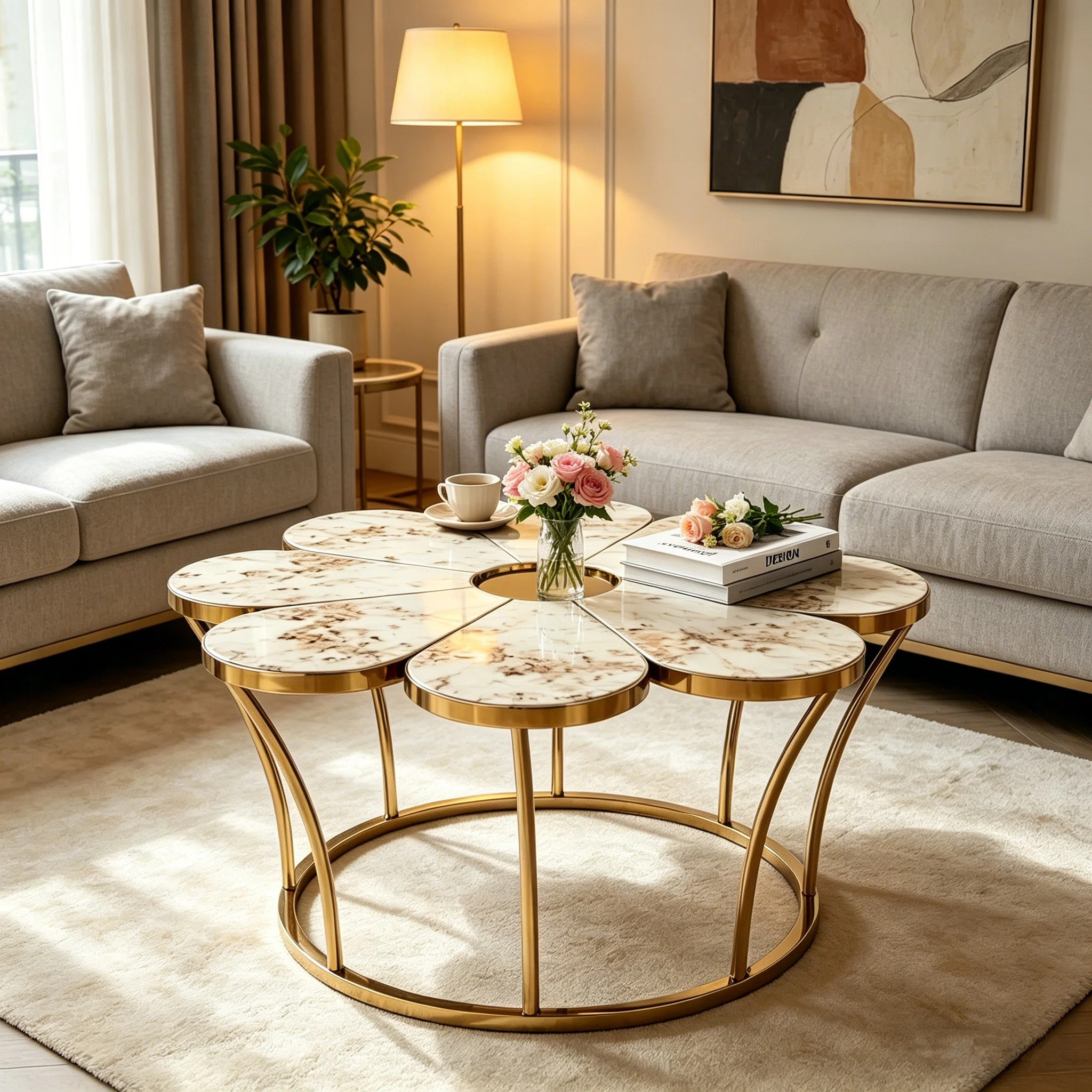 39" Modern Glam Flower Shaped Coffee Table, Sintered Stone Top with Gold Stainless Steel Base | Wayfair North America